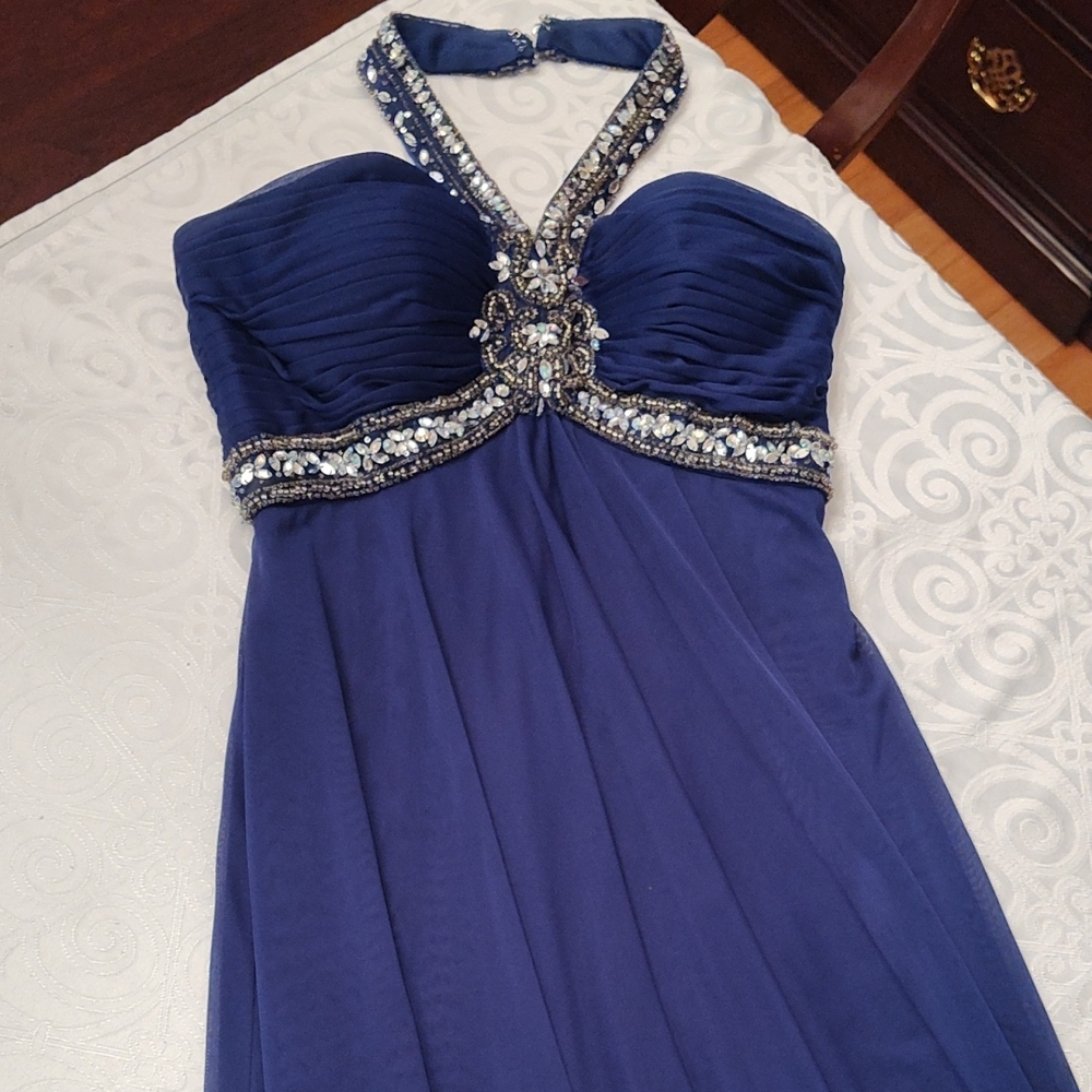 Dark Blue Beaded Halter Dress